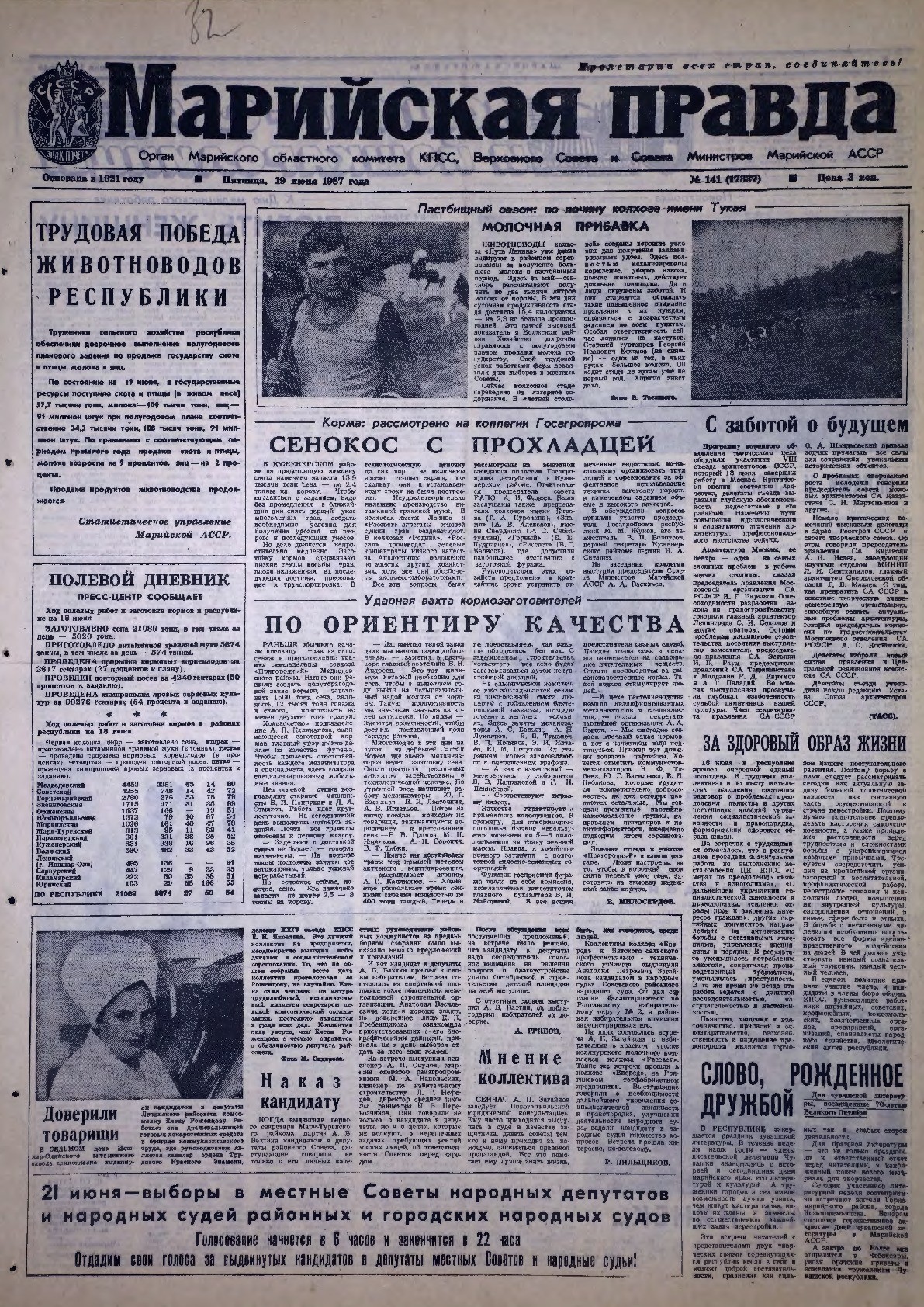 Газета «Марийская правда» от 19.06.1987