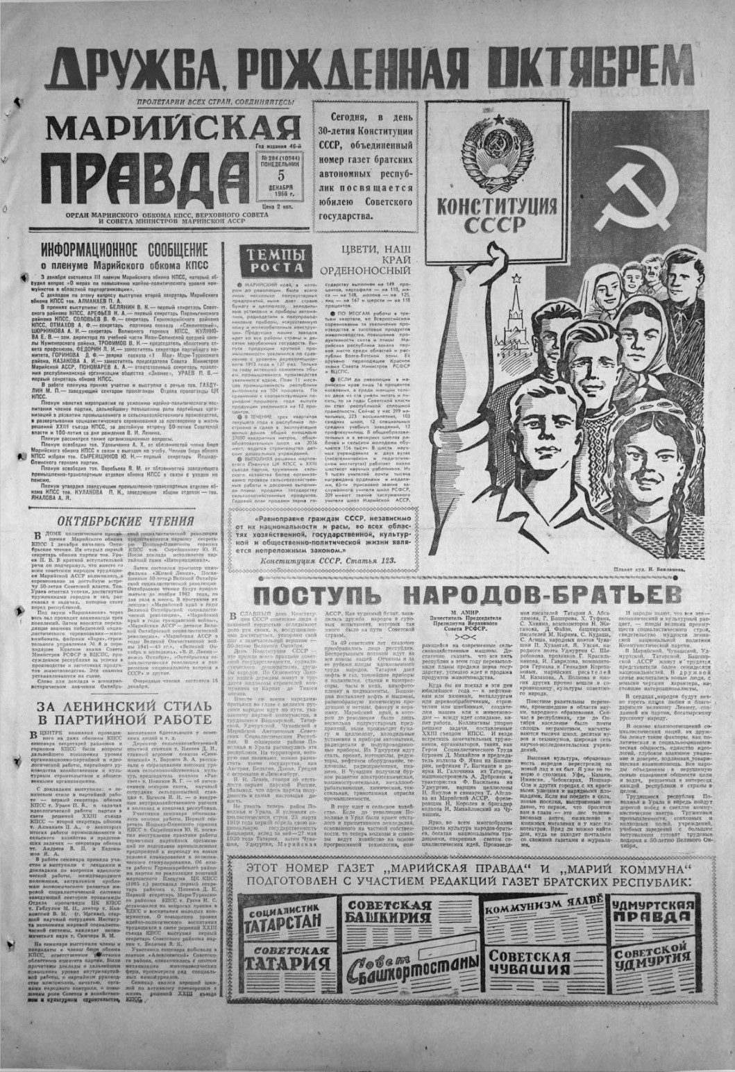 Газета «Марийская правда» от 05.12.1966