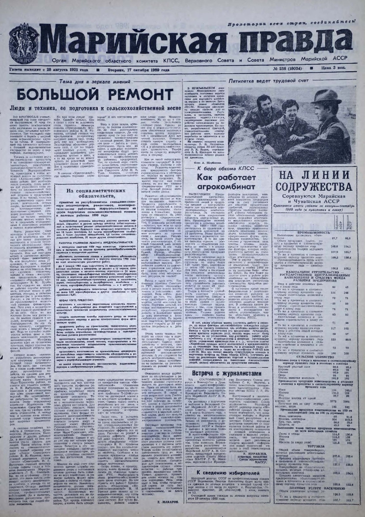 Газета «Марийская правда» от 17.10.1989