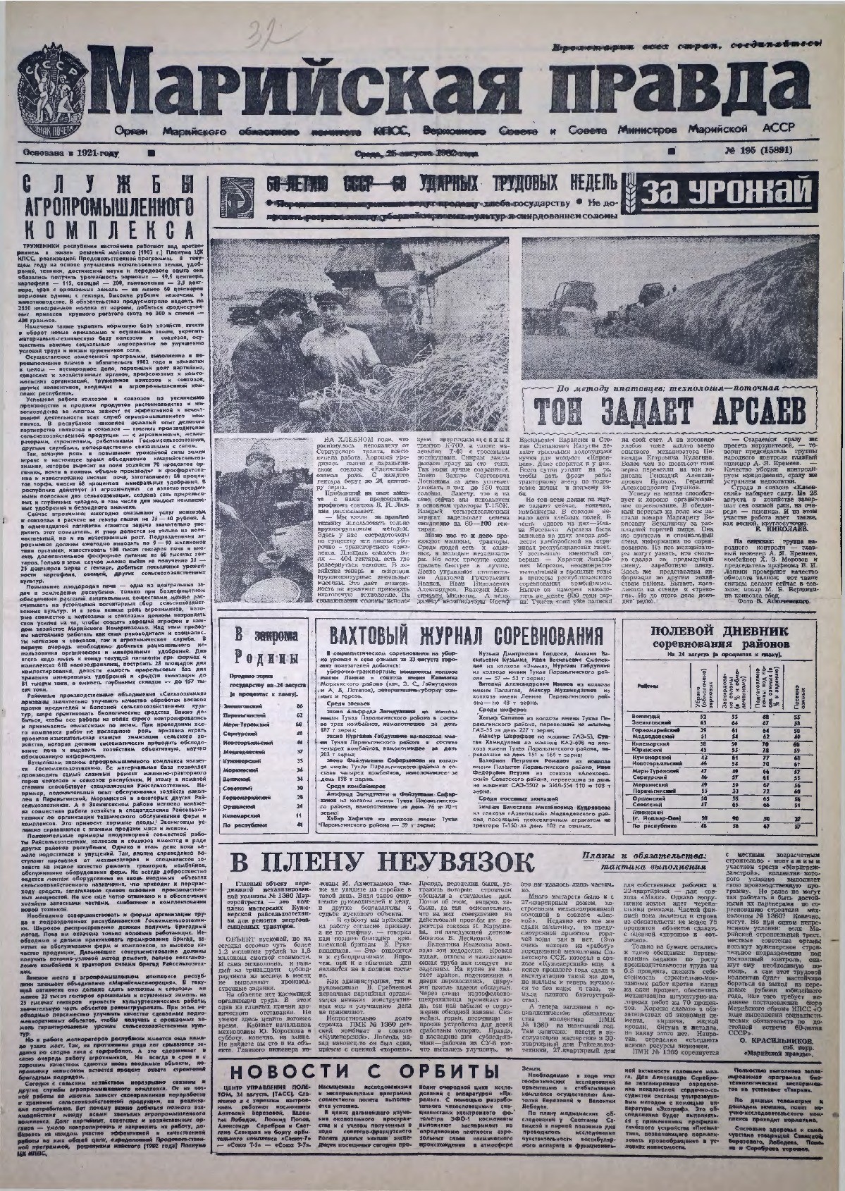 Газета «Марийская правда» от 25.08.1982