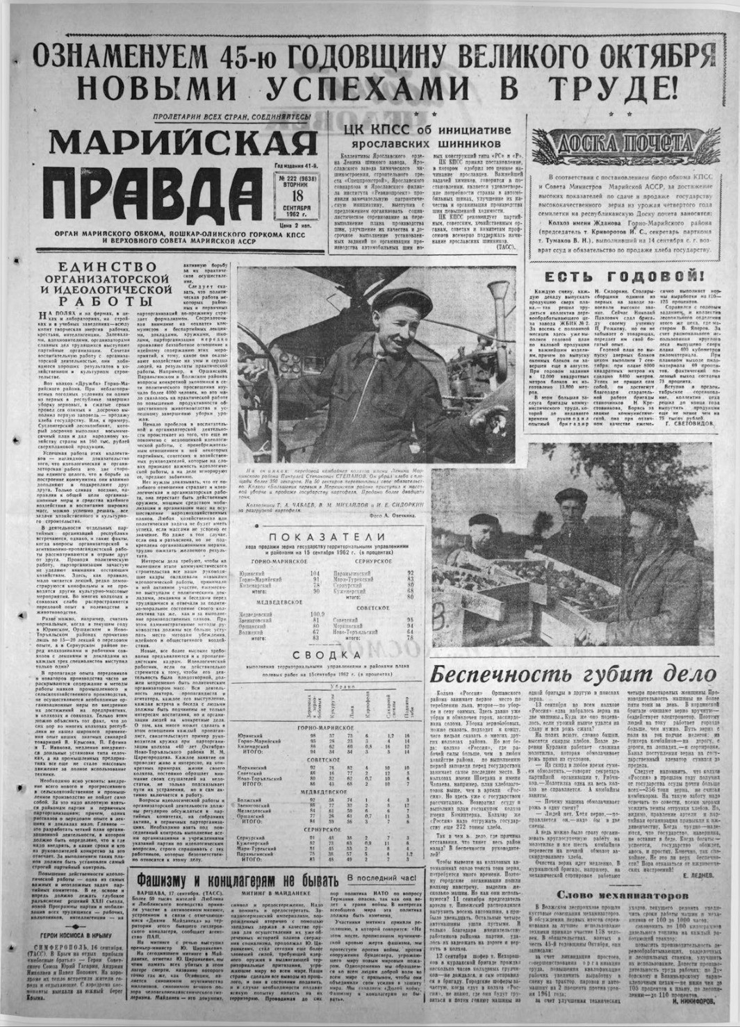 Газета «Марийская правда» от 18.09.1962