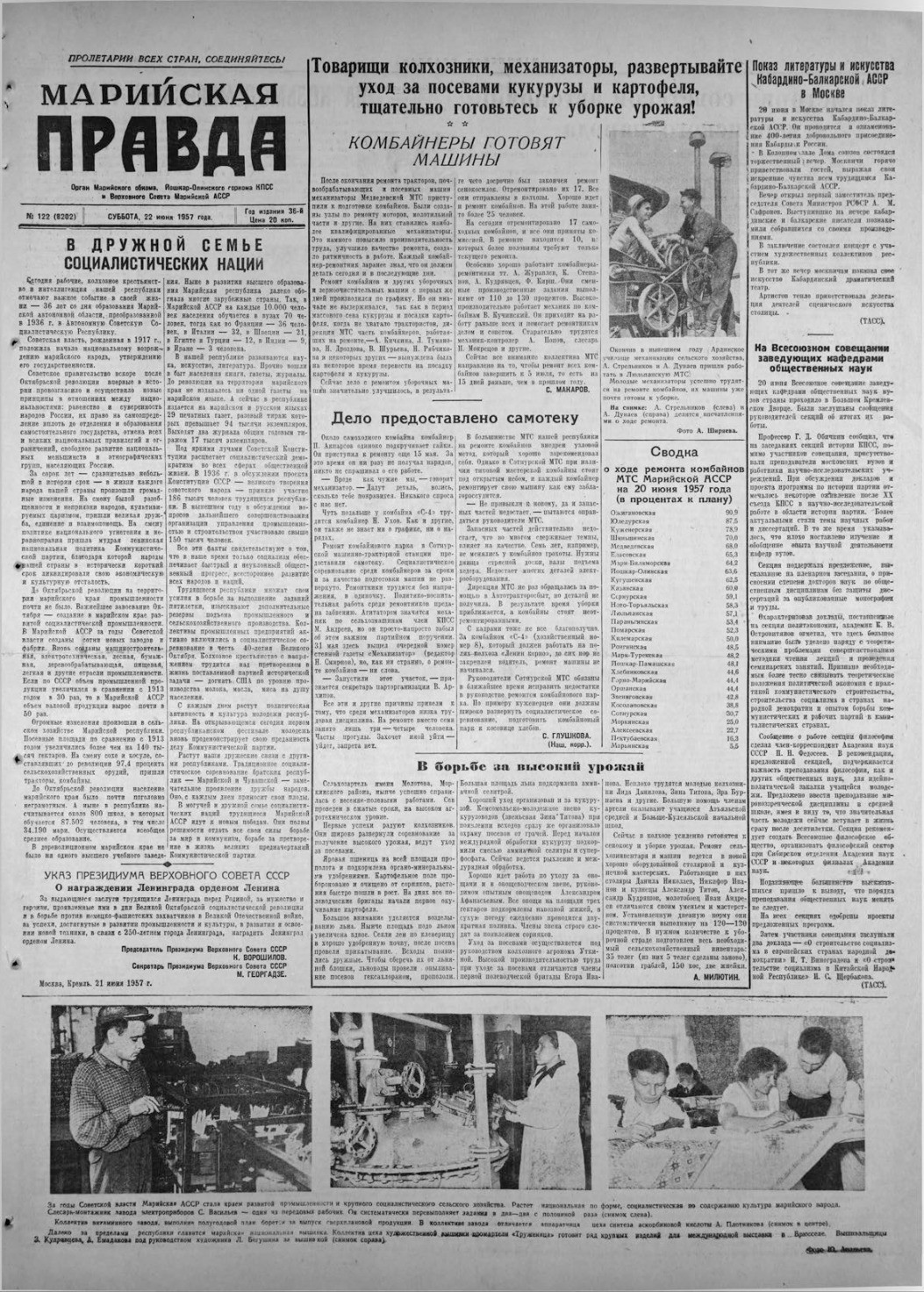 Газета «Марийская правда» от 22.06.1957