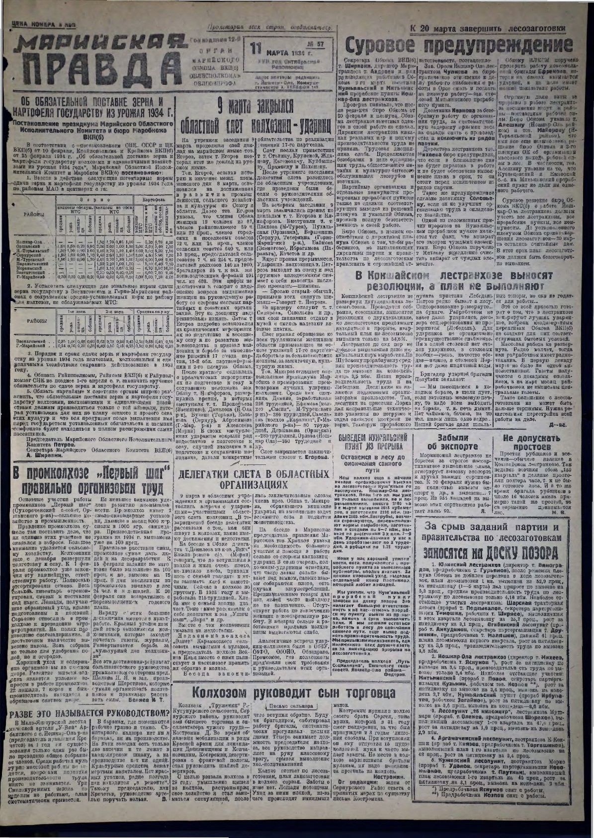 Газета «Марийская правда» от 11.03.1934