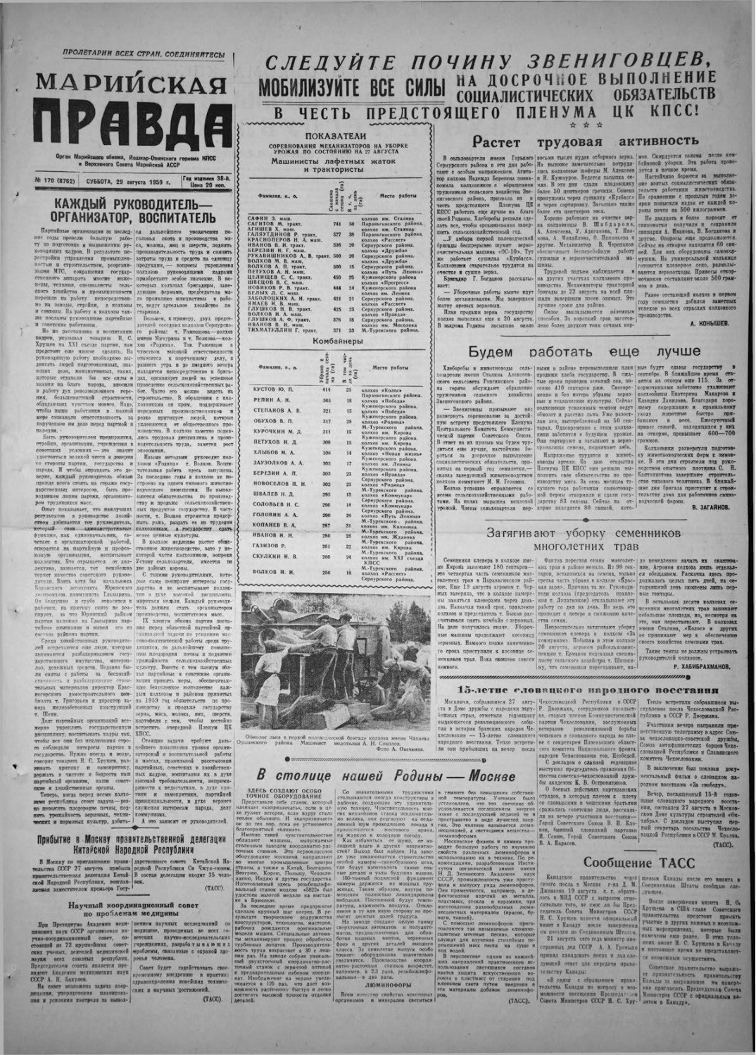 Газета «Марийская правда» от 29.08.1959
