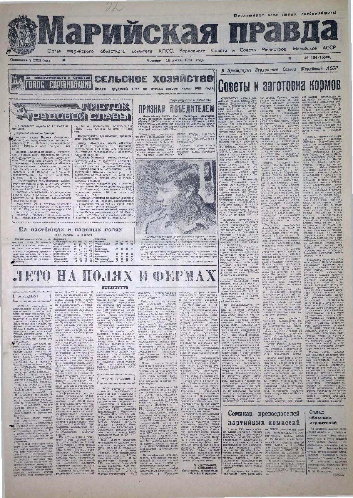 Газета «Марийская правда» от 16.07.1981