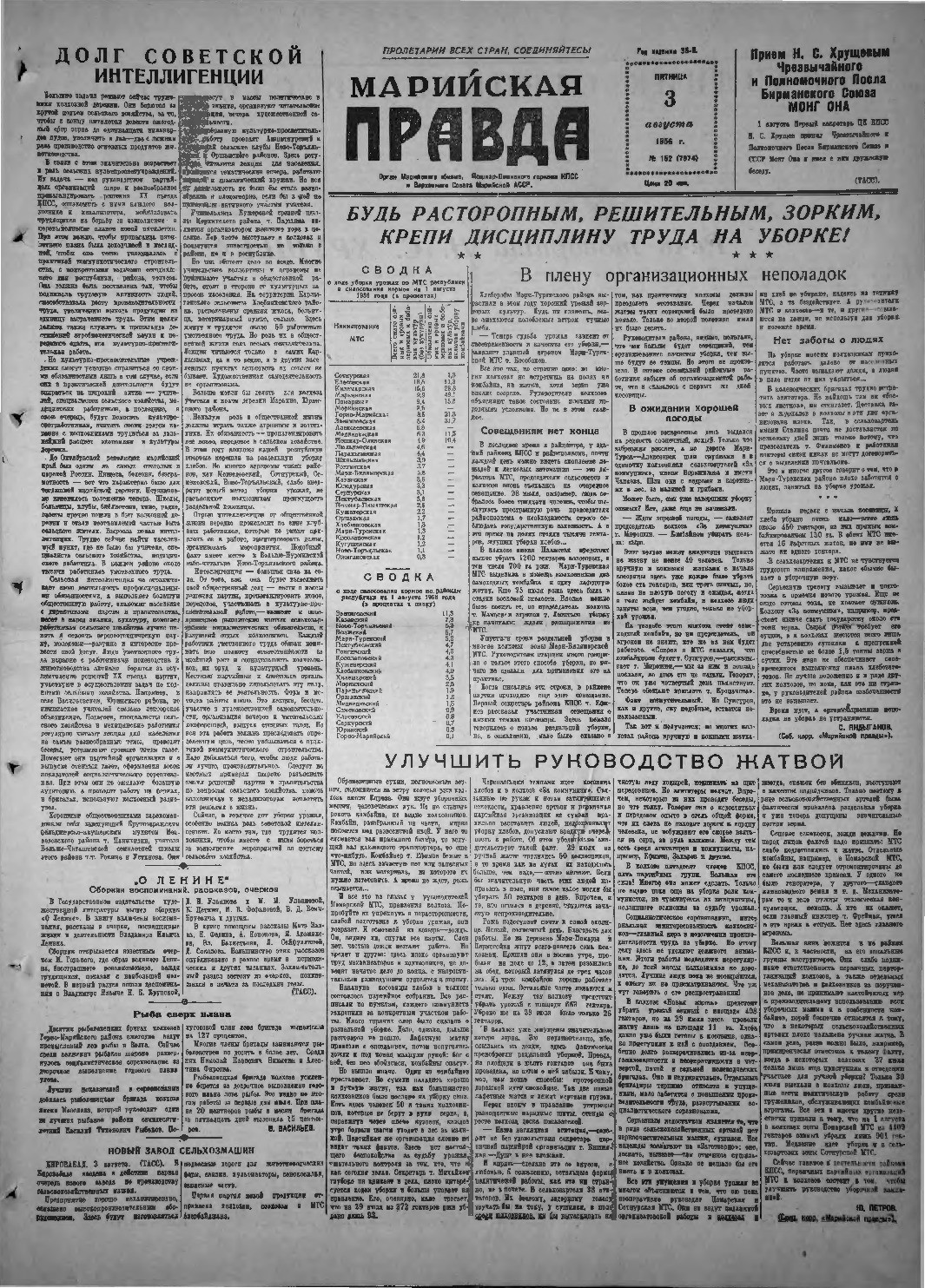 Газета «Марийская правда» от 03.08.1956