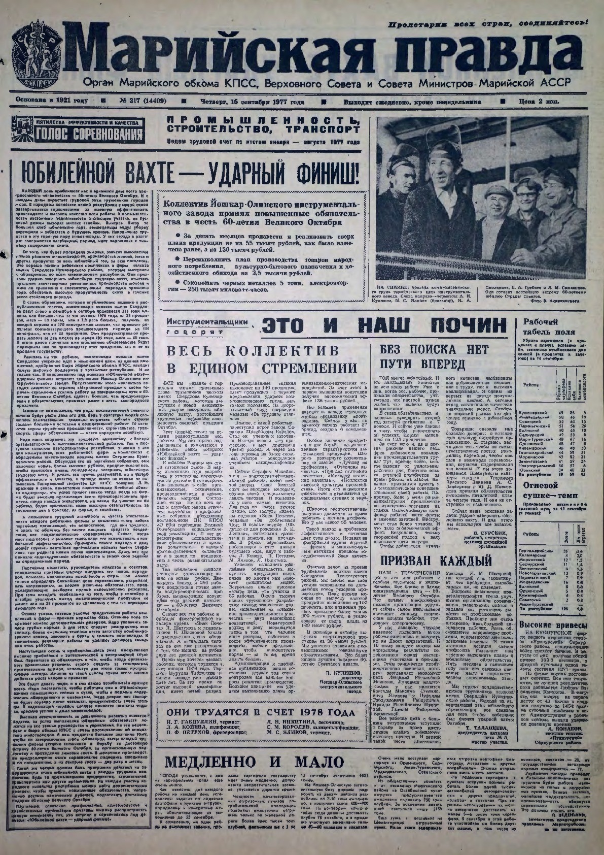 Газета «Марийская правда» от 15.09.1977