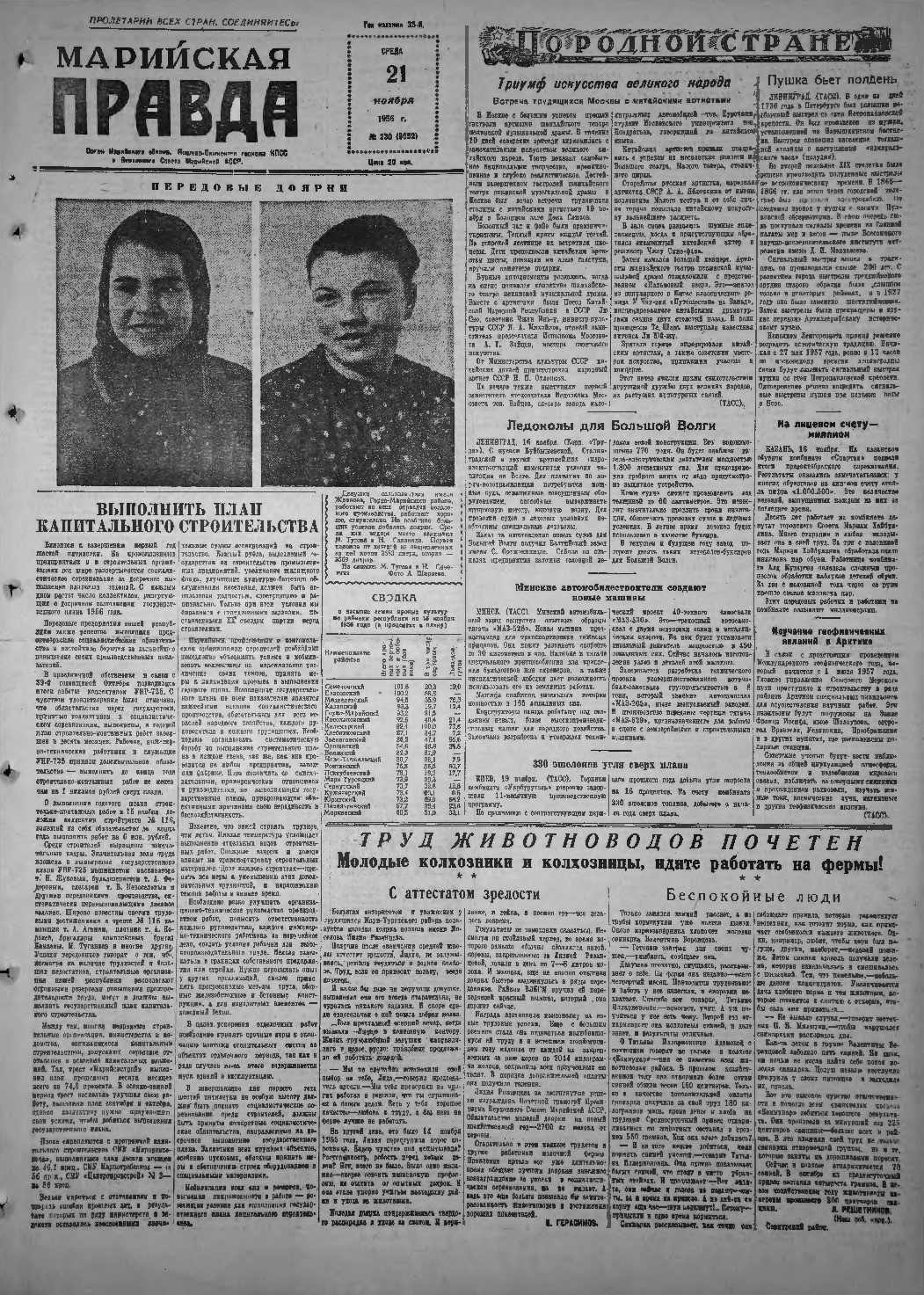 Газета «Марийская правда» от 21.11.1956