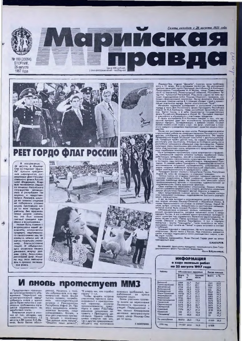 Газета «Марийская правда» от 26.08.1997