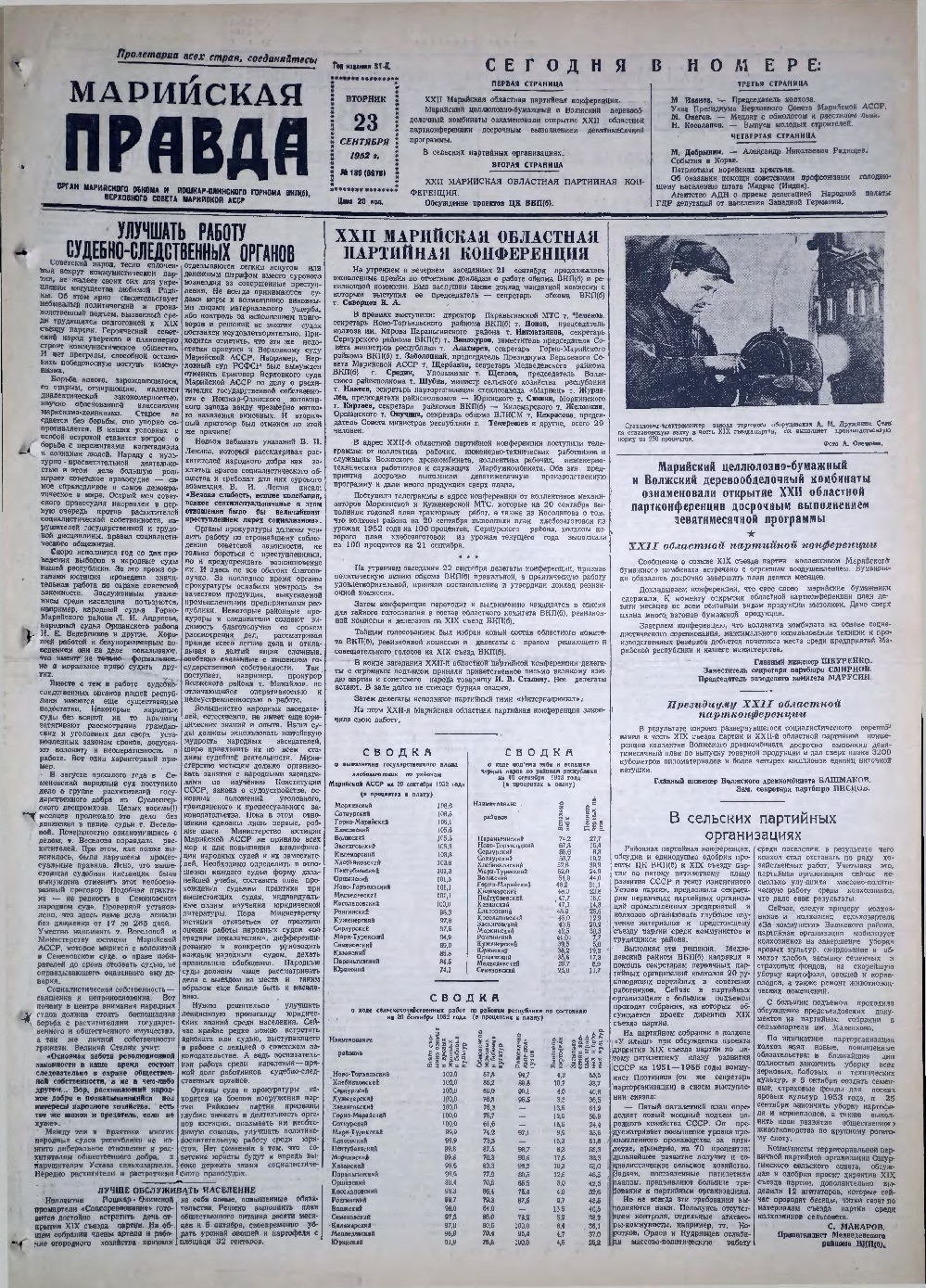 Газета «Марийская правда» от 23.09.1952