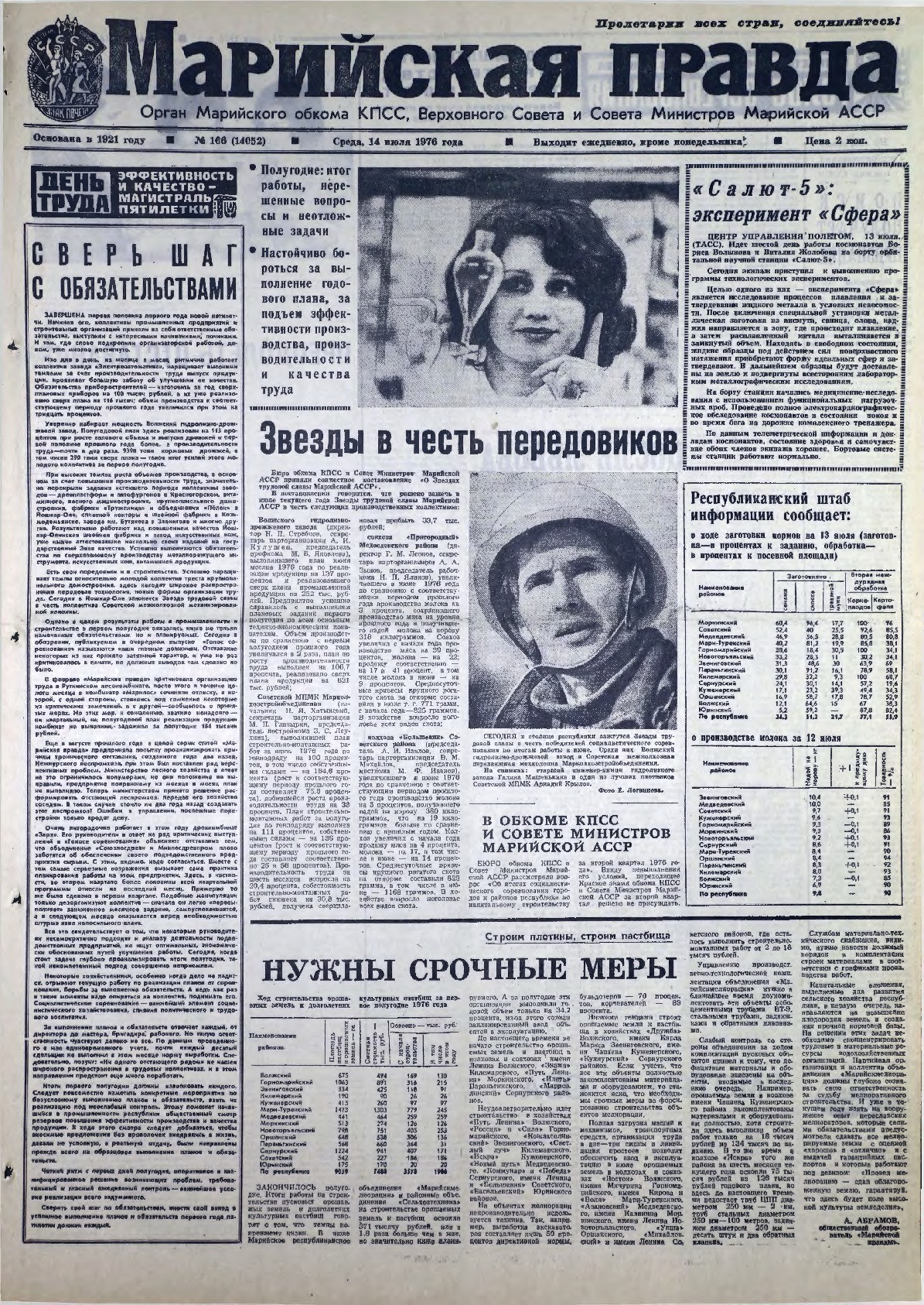 Газета «Марийская правда» от 14.07.1976