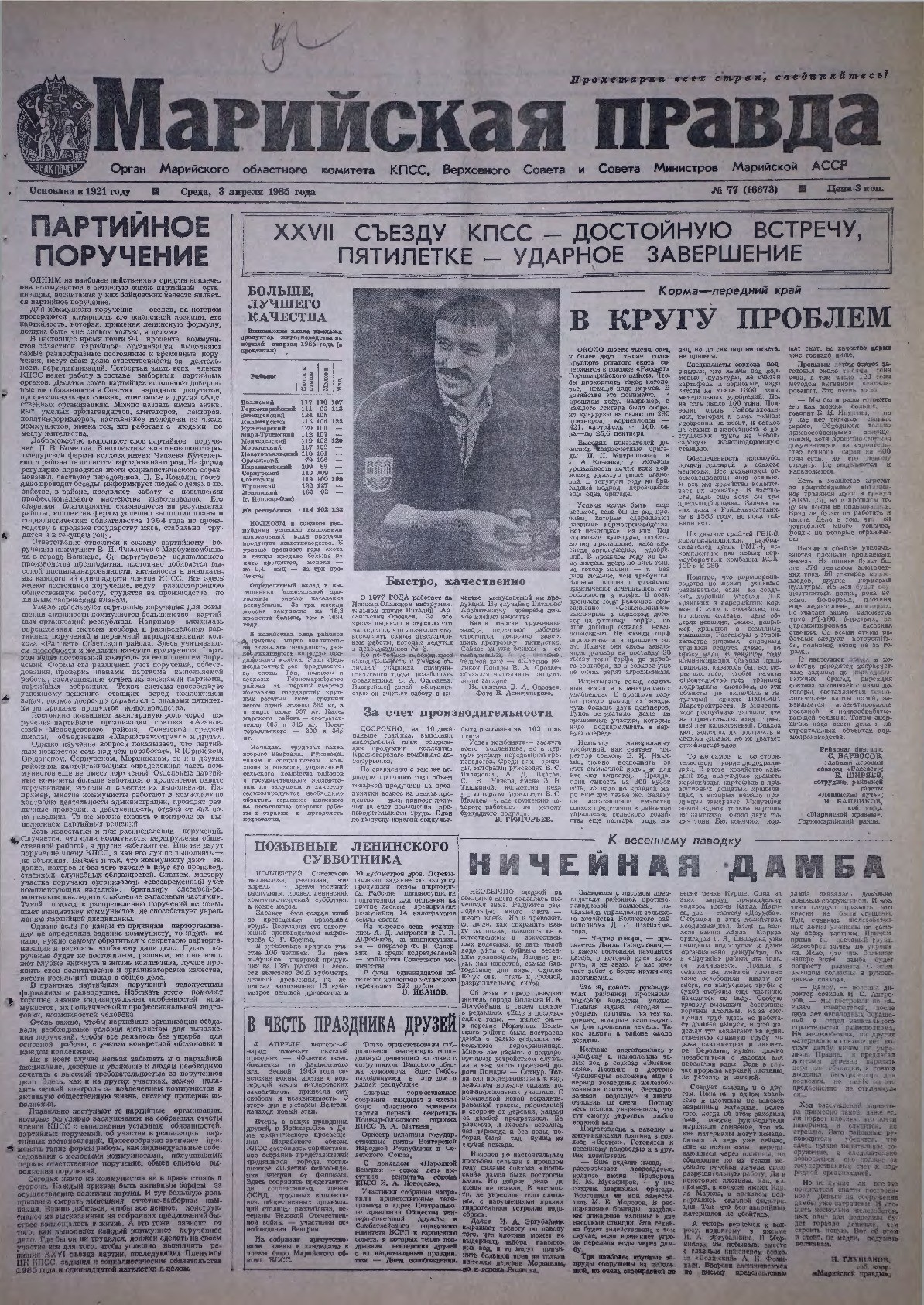 Газета «Марийская правда» от 03.04.1985