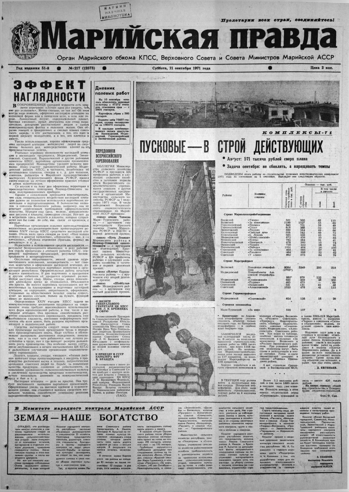 Газета «Марийская правда» от 11.09.1971