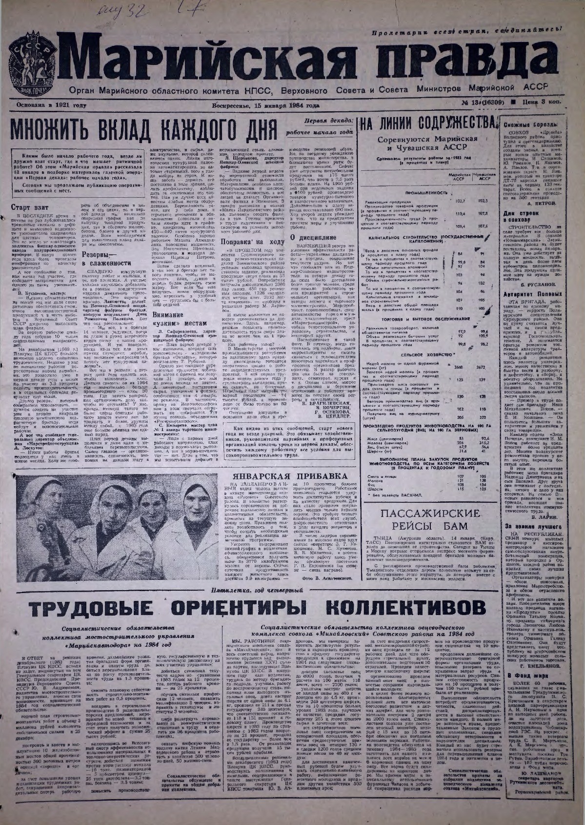 Газета «Марийская правда» от 15.01.1984