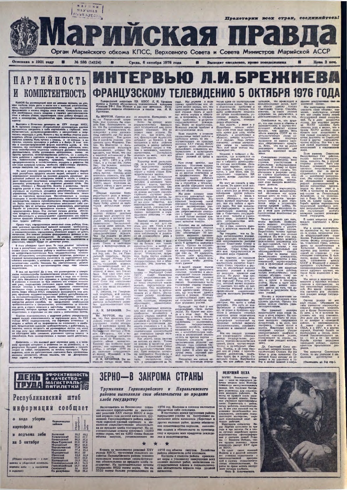 Газета «Марийская правда» от 06.10.1976