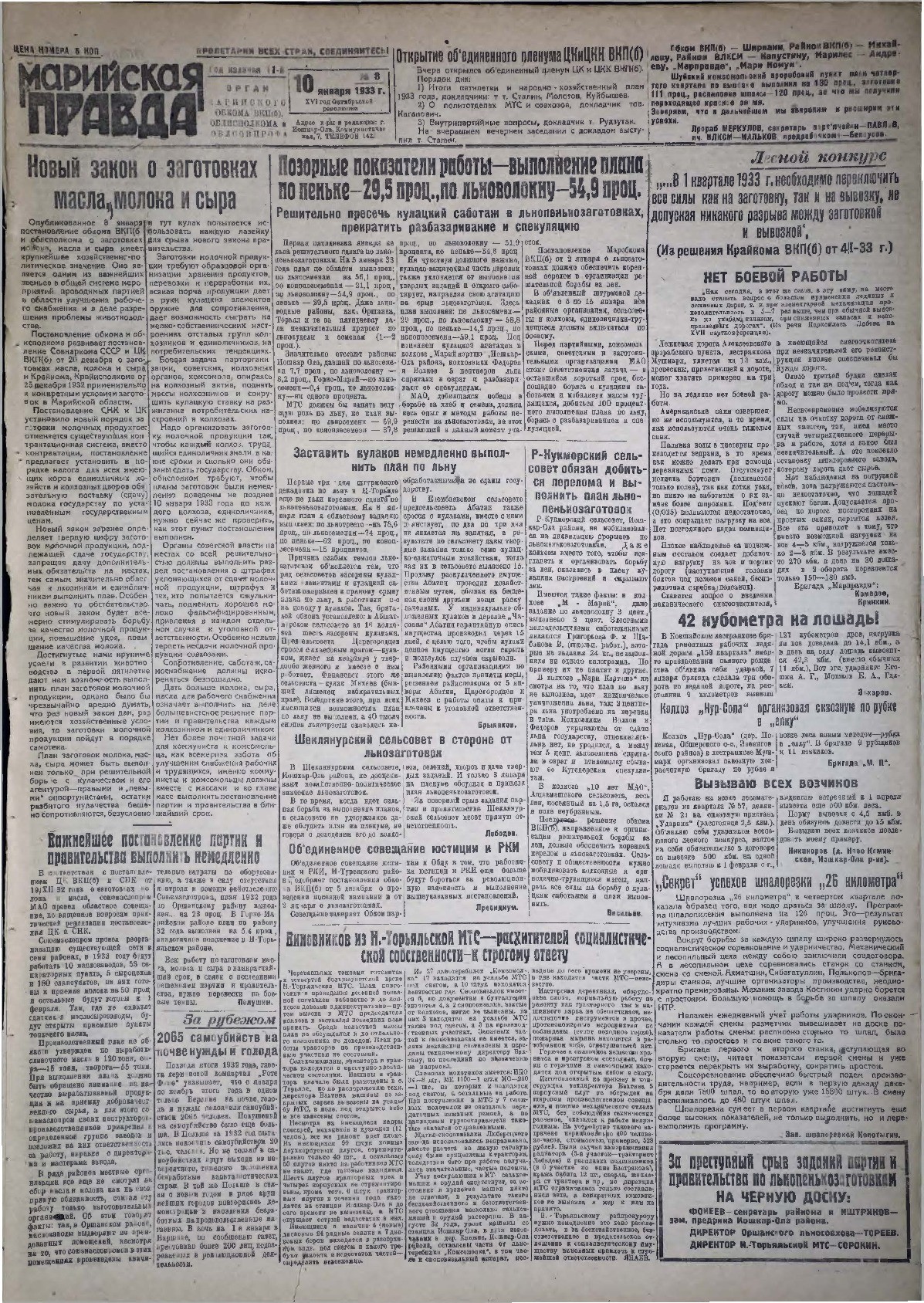 Газета «Марийская правда» от 10.01.1933