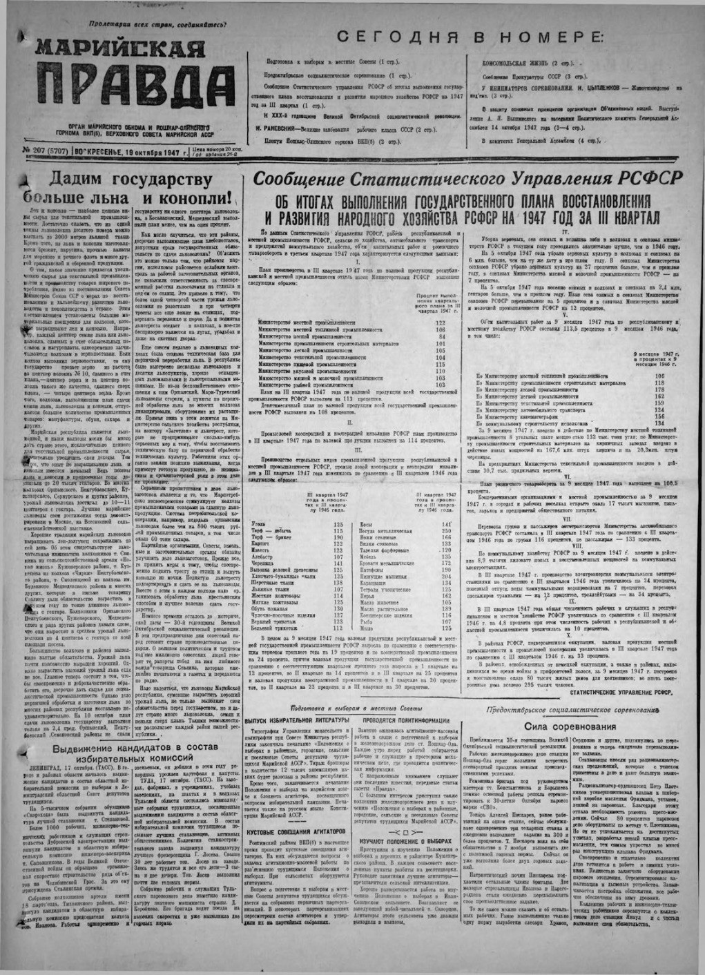 Газета «Марийская правда» от 19.10.1947