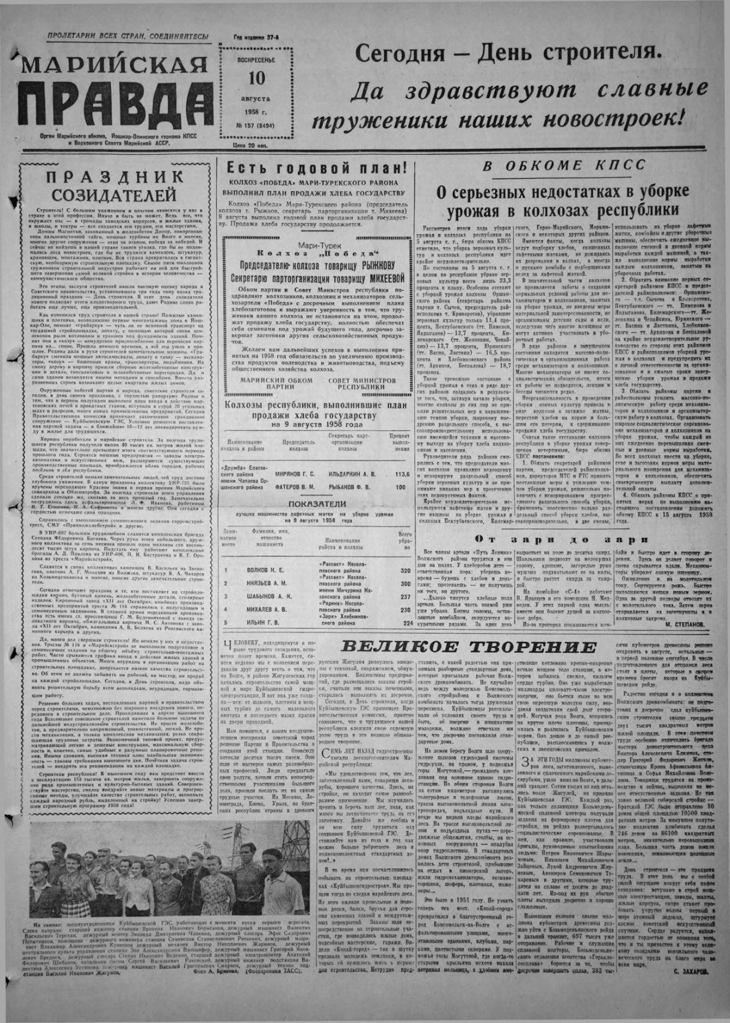 Газета «Марийская правда» от 10.08.1958