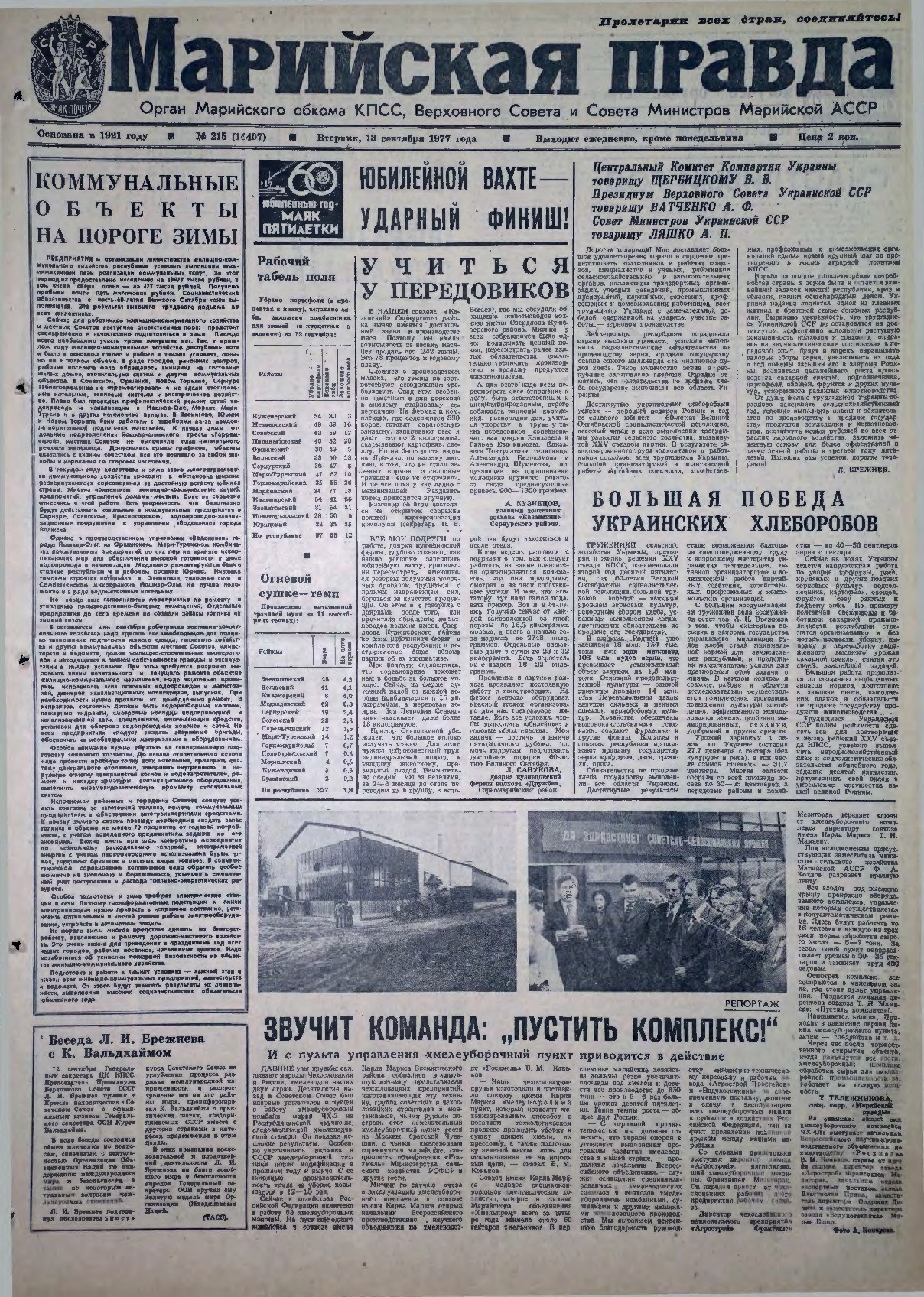 Газета «Марийская правда» от 13.09.1977
