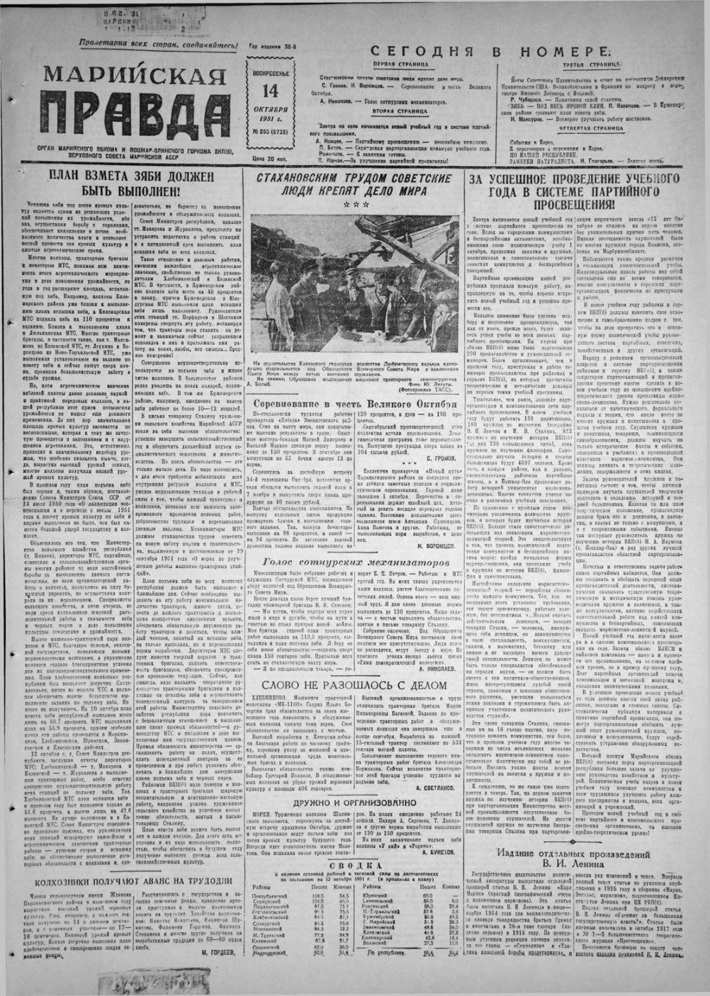 Газета «Марийская правда» от 14.10.1951