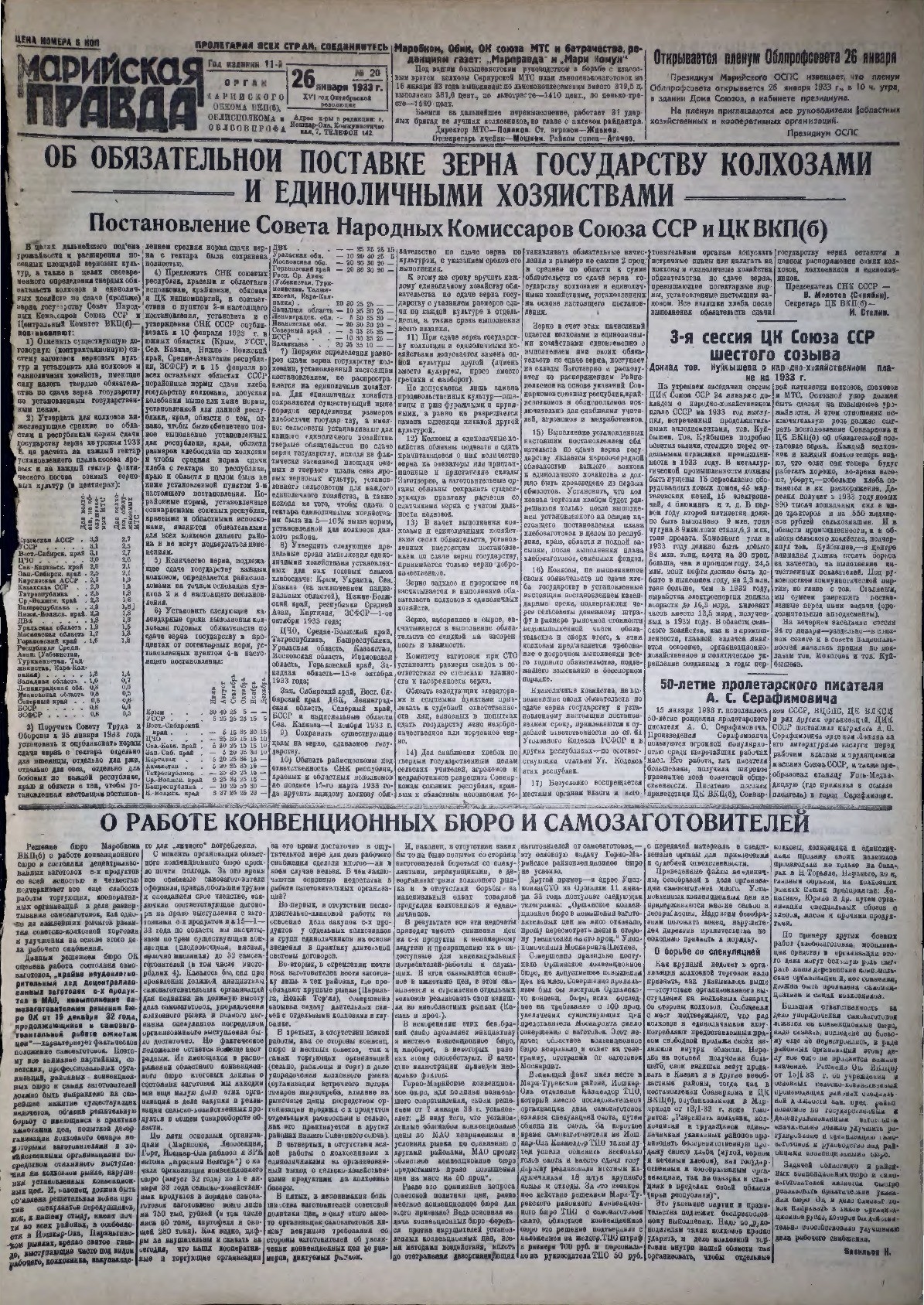 Газета «Марийская правда» от 26.01.1933