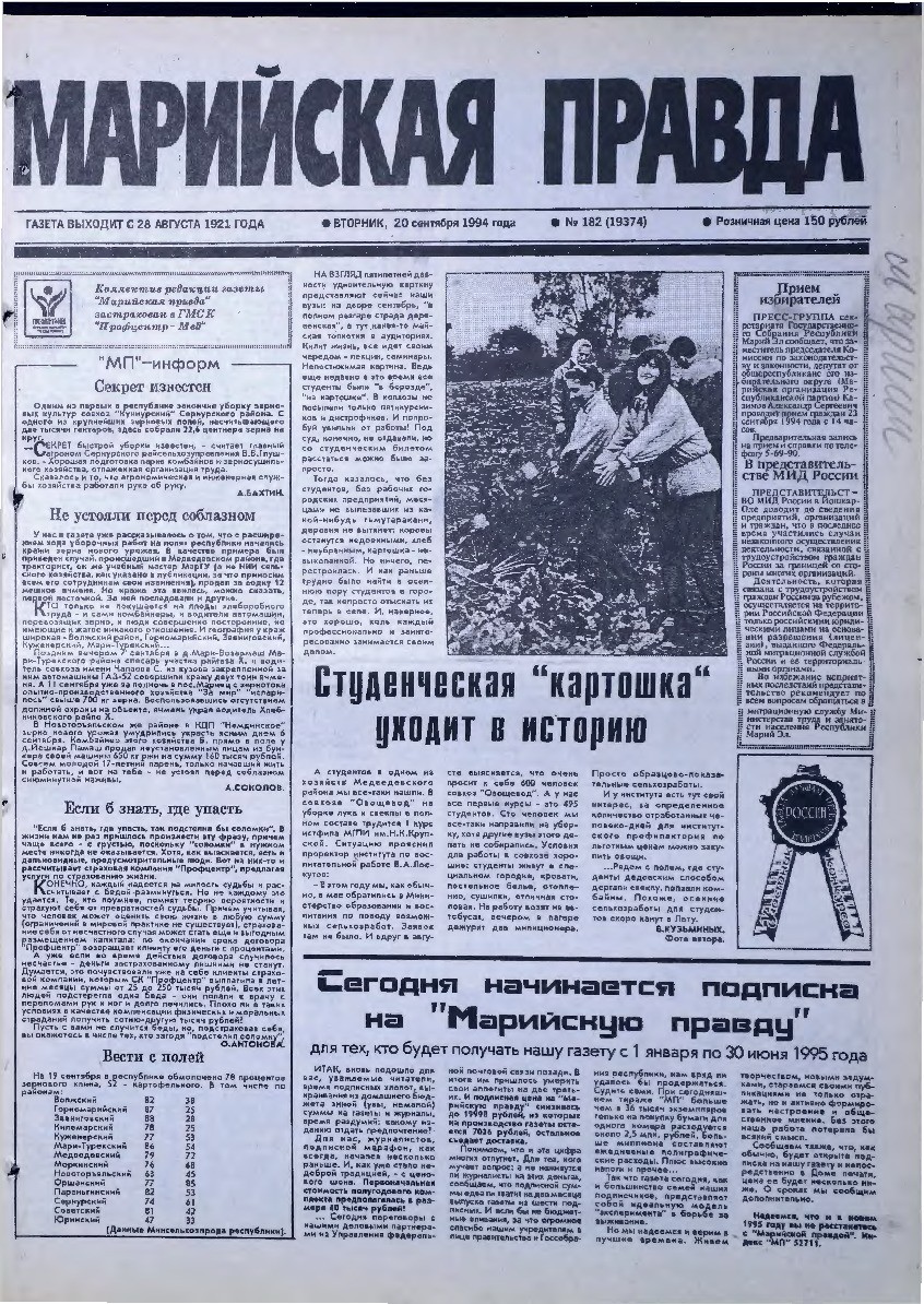 Газета «Марийская правда» от 20.09.1994