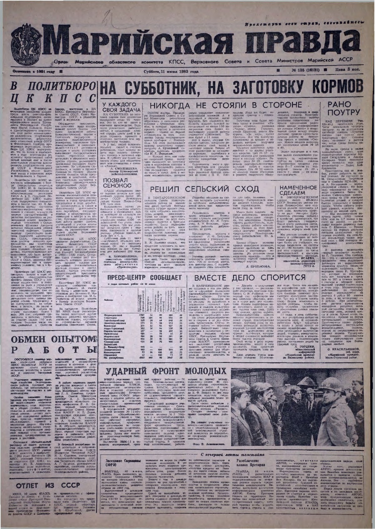 Газета «Марийская правда» от 11.06.1983