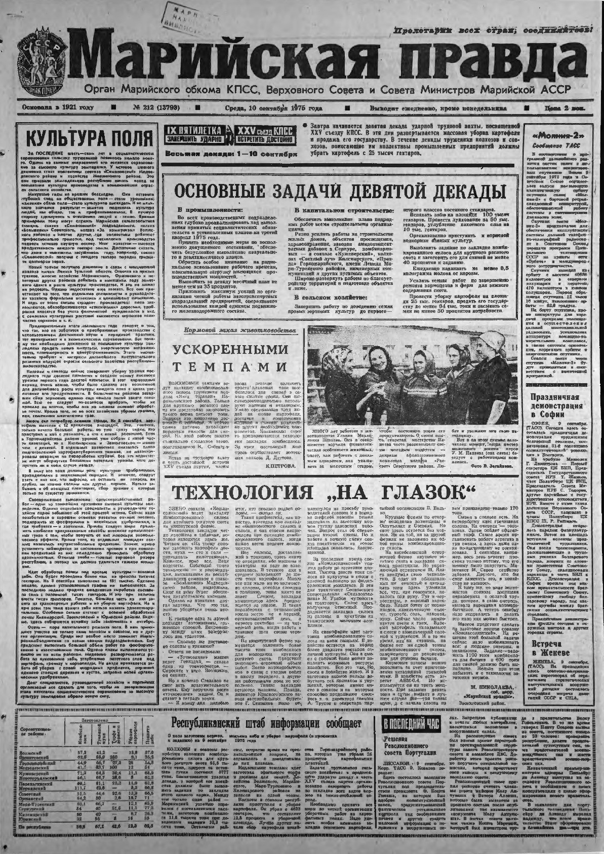 Газета «Марийская правда» от 10.09.1975