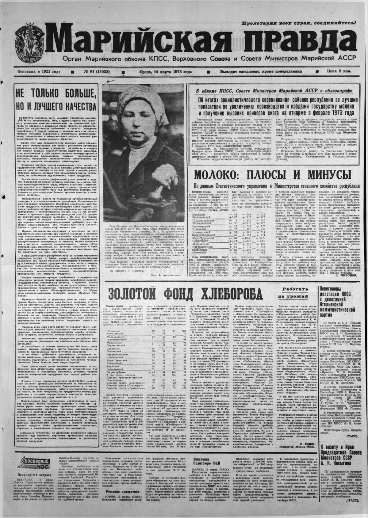 Газета «Марийская правда» от 14.03.1973