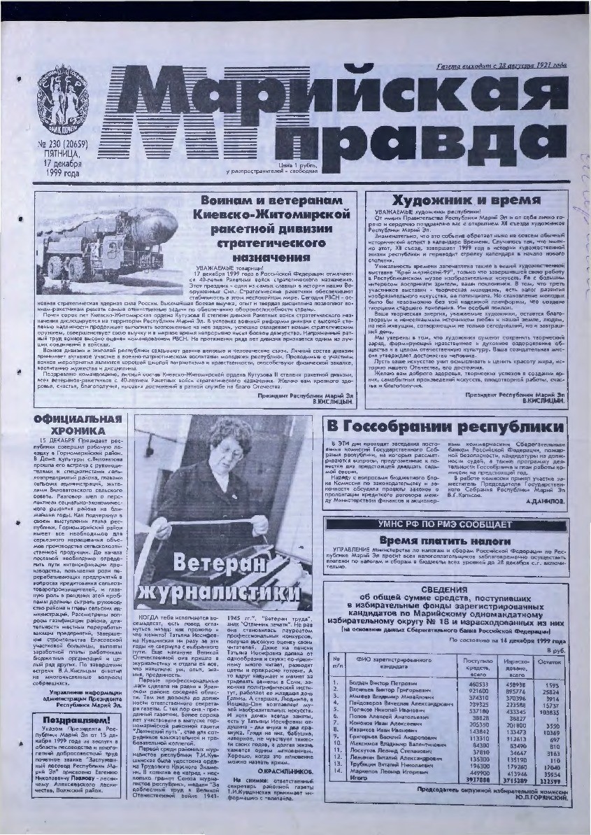 Газета «Марийская правда» от 17.12.1999