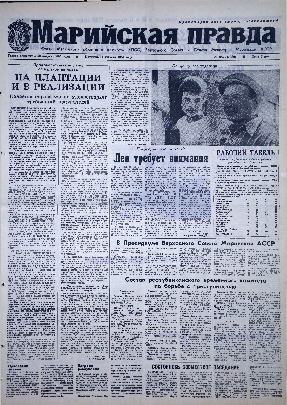 Газета «Марийская правда» от 11.08.1989
