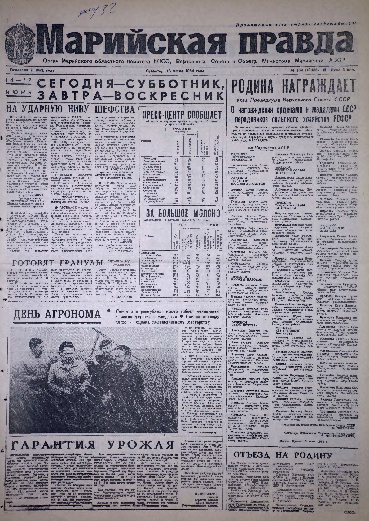 Газета «Марийская правда» от 16.06.1984