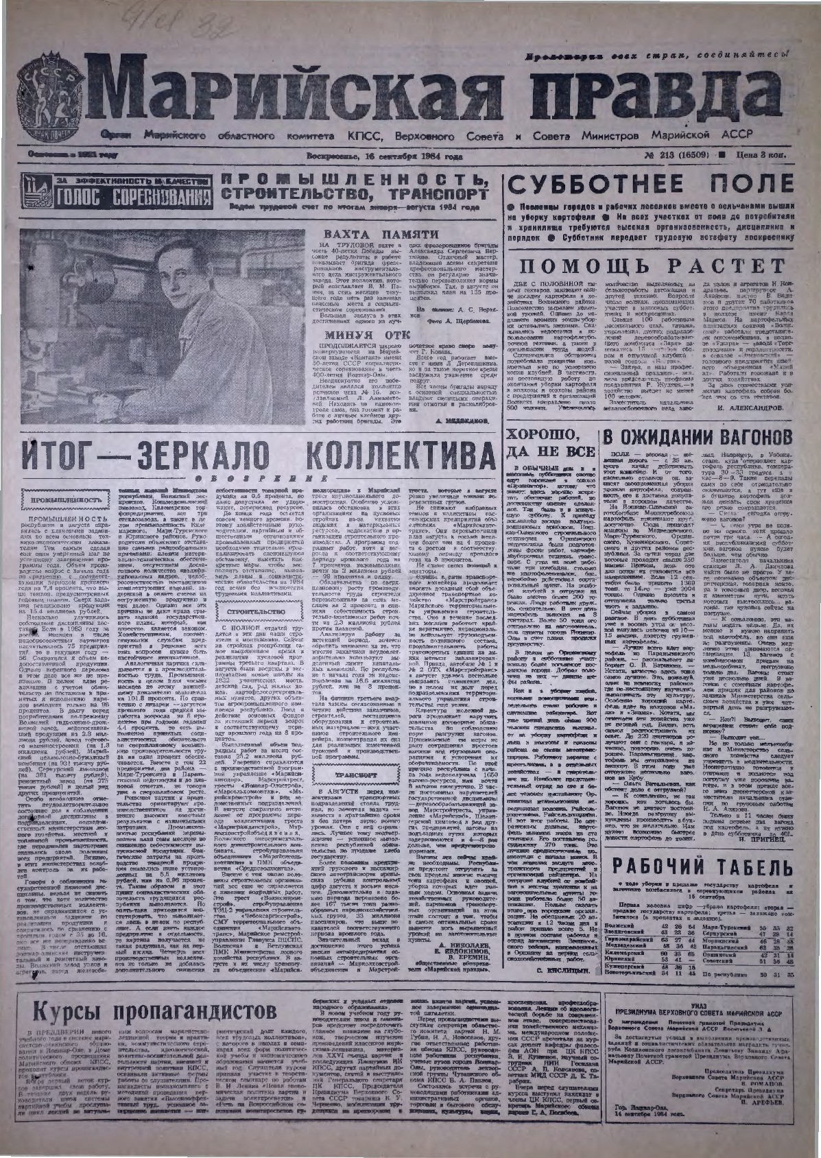Газета «Марийская правда» от 16.09.1984