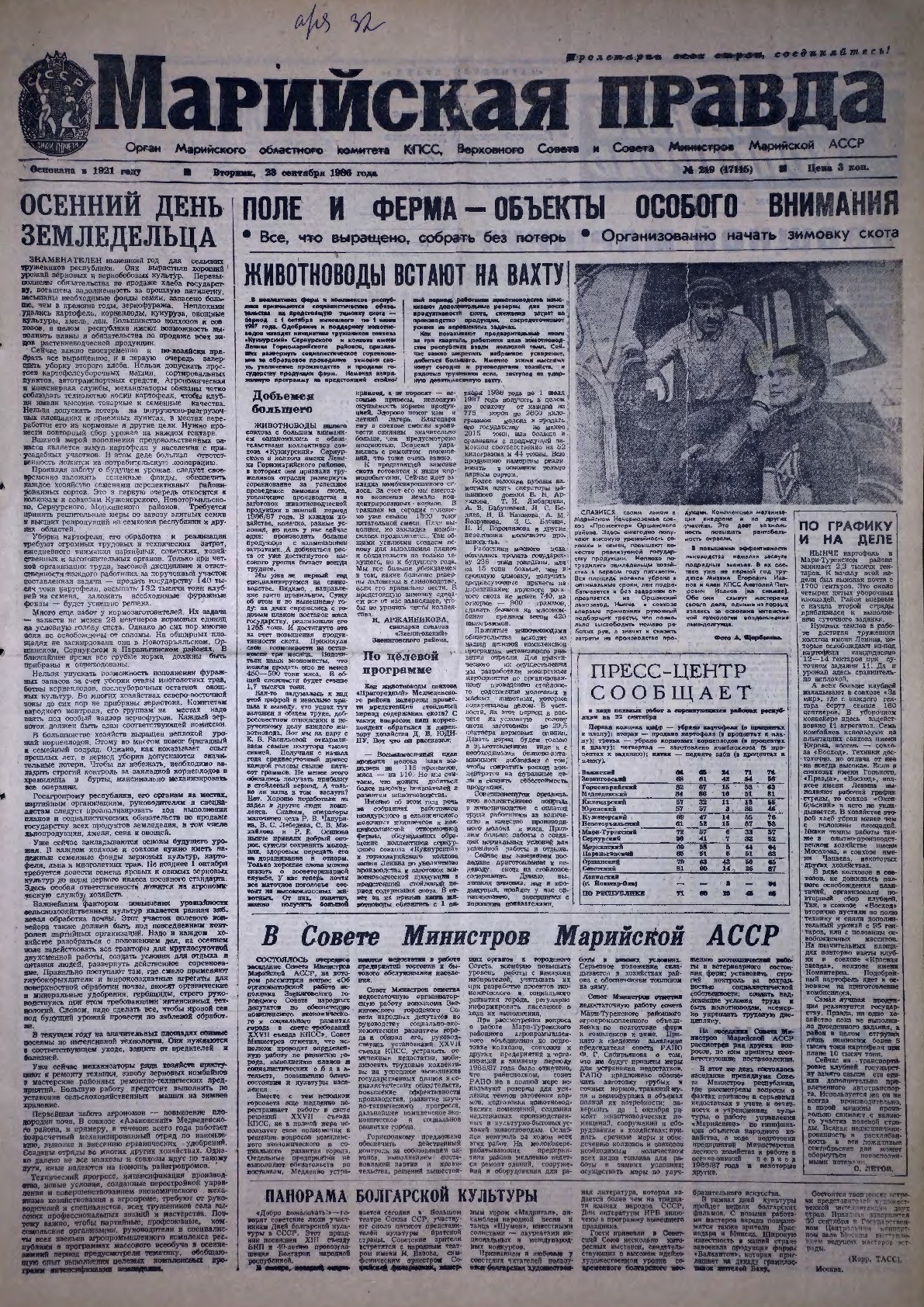 Газета «Марийская правда» от 23.09.1986