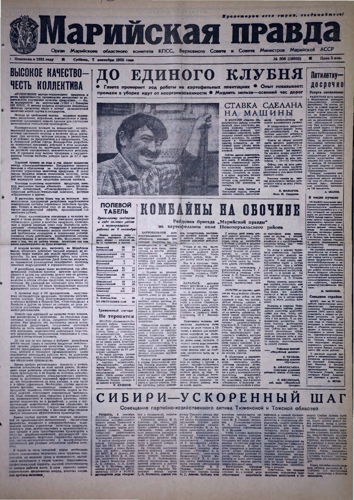Газета «Марийская правда» от 07.09.1985