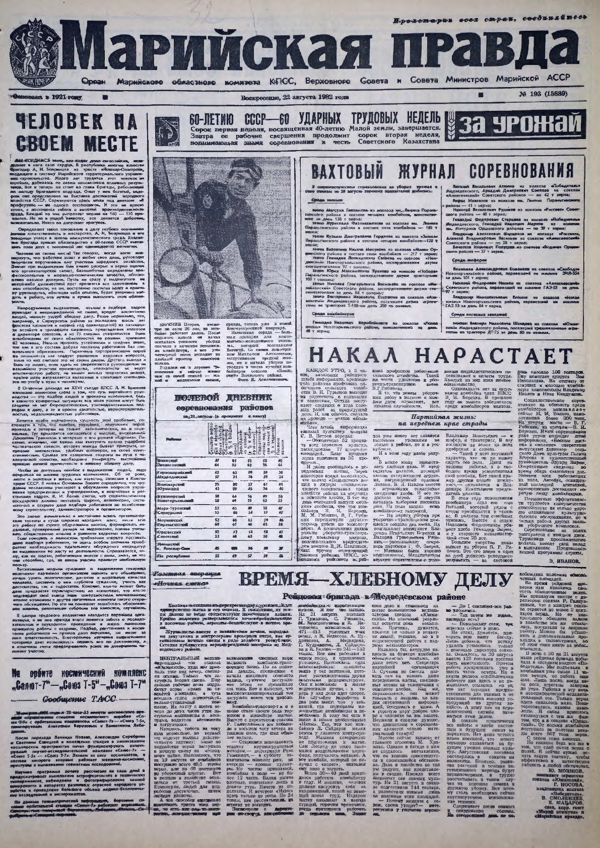 Газета «Марийская правда» от 22.08.1982