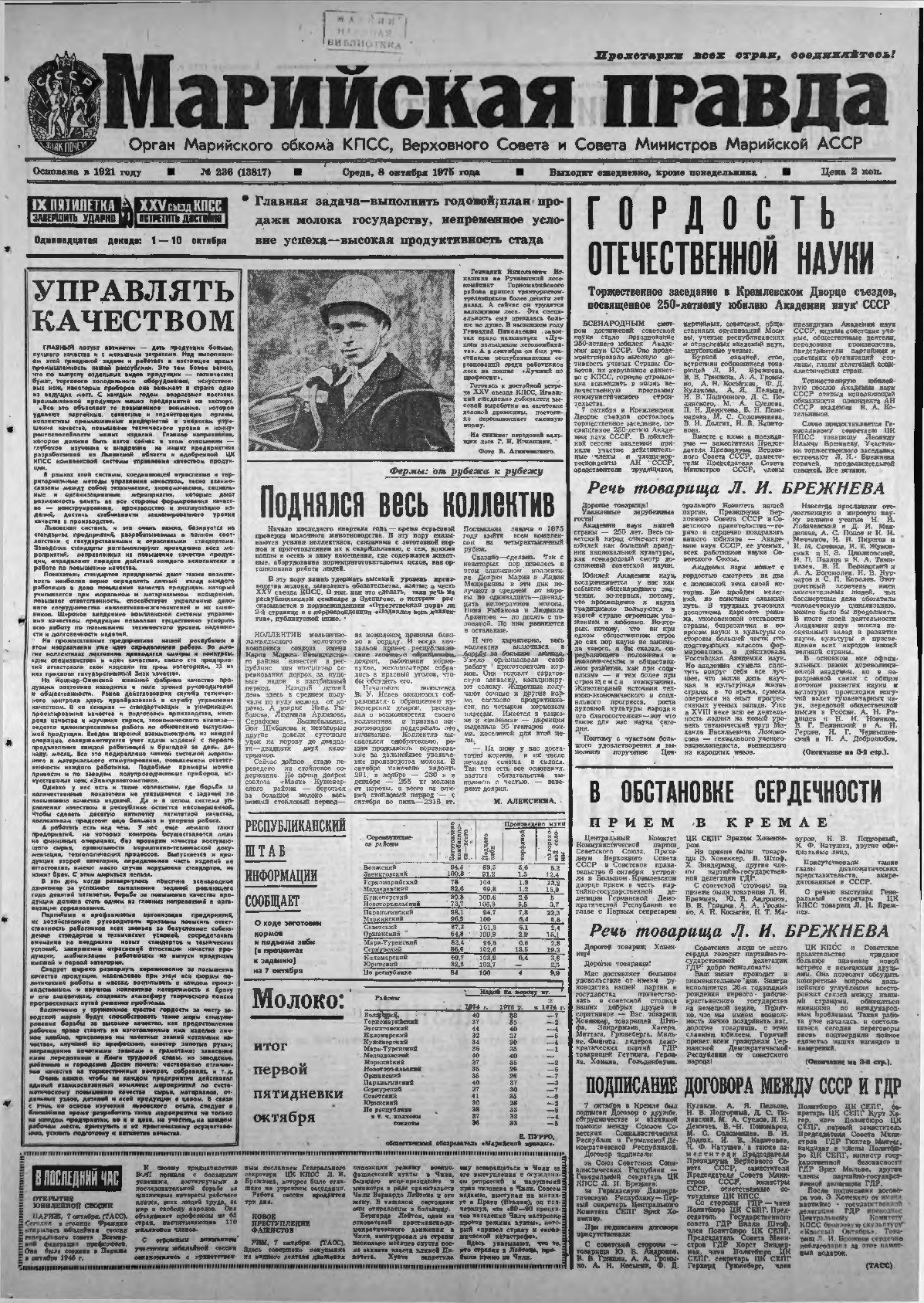 Газета «Марийская правда» от 08.10.1975