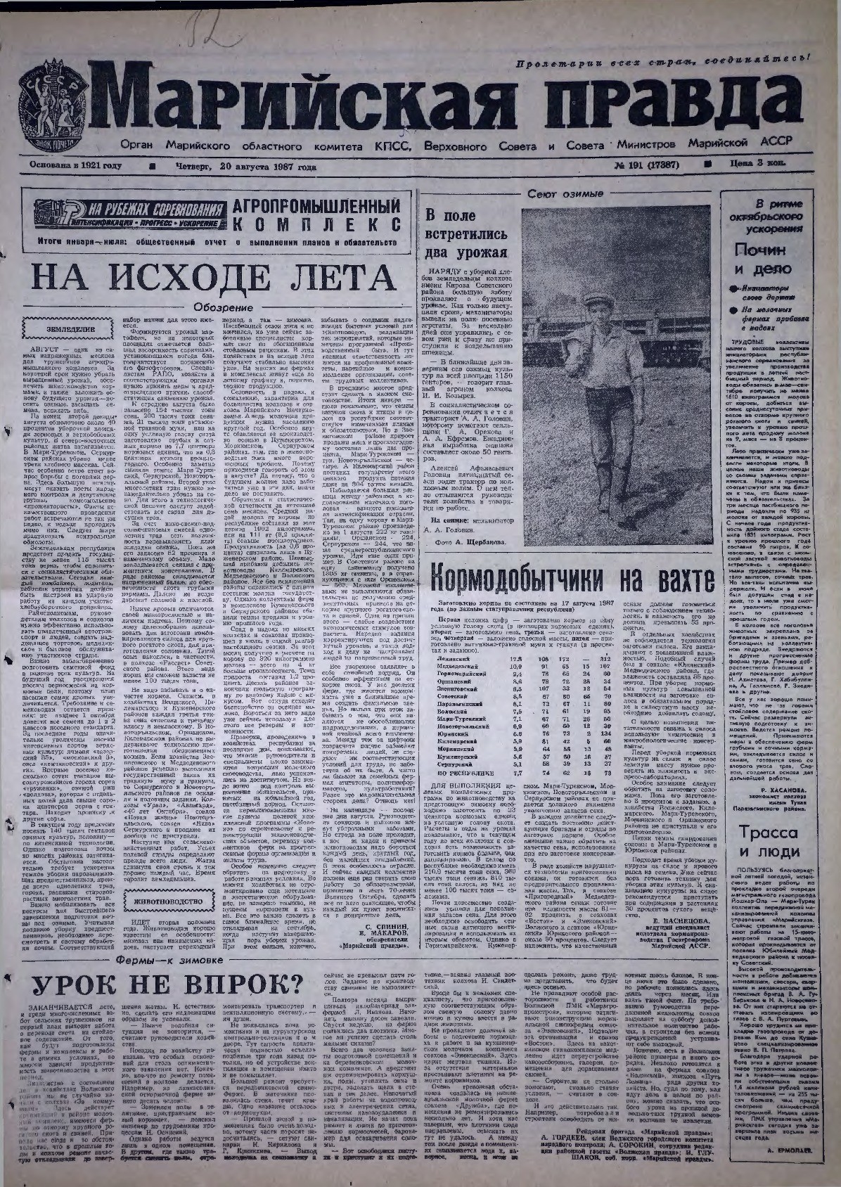 Газета «Марийская правда» от 20.08.1987