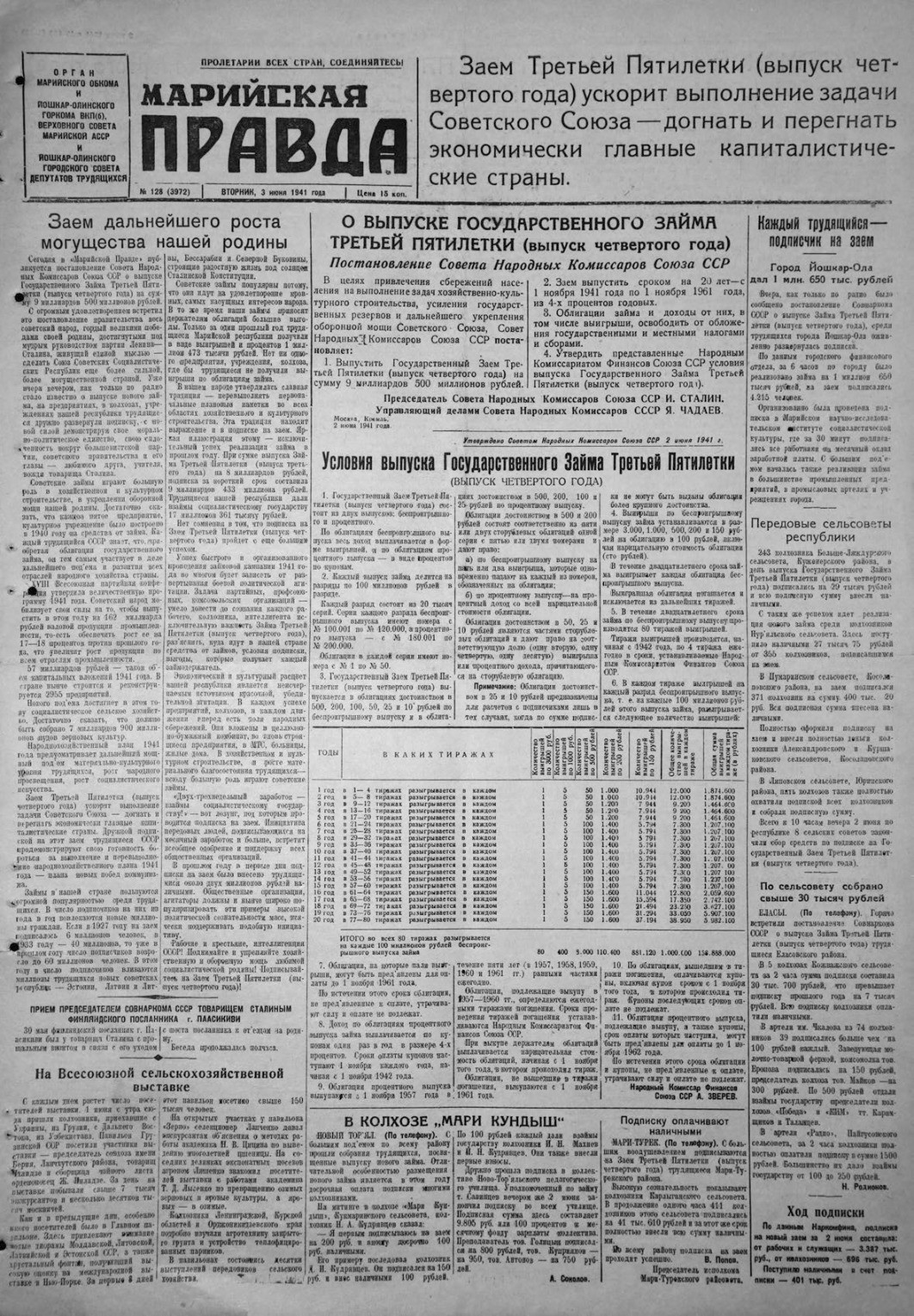 Газета «Марийская правда» от 03.06.1941