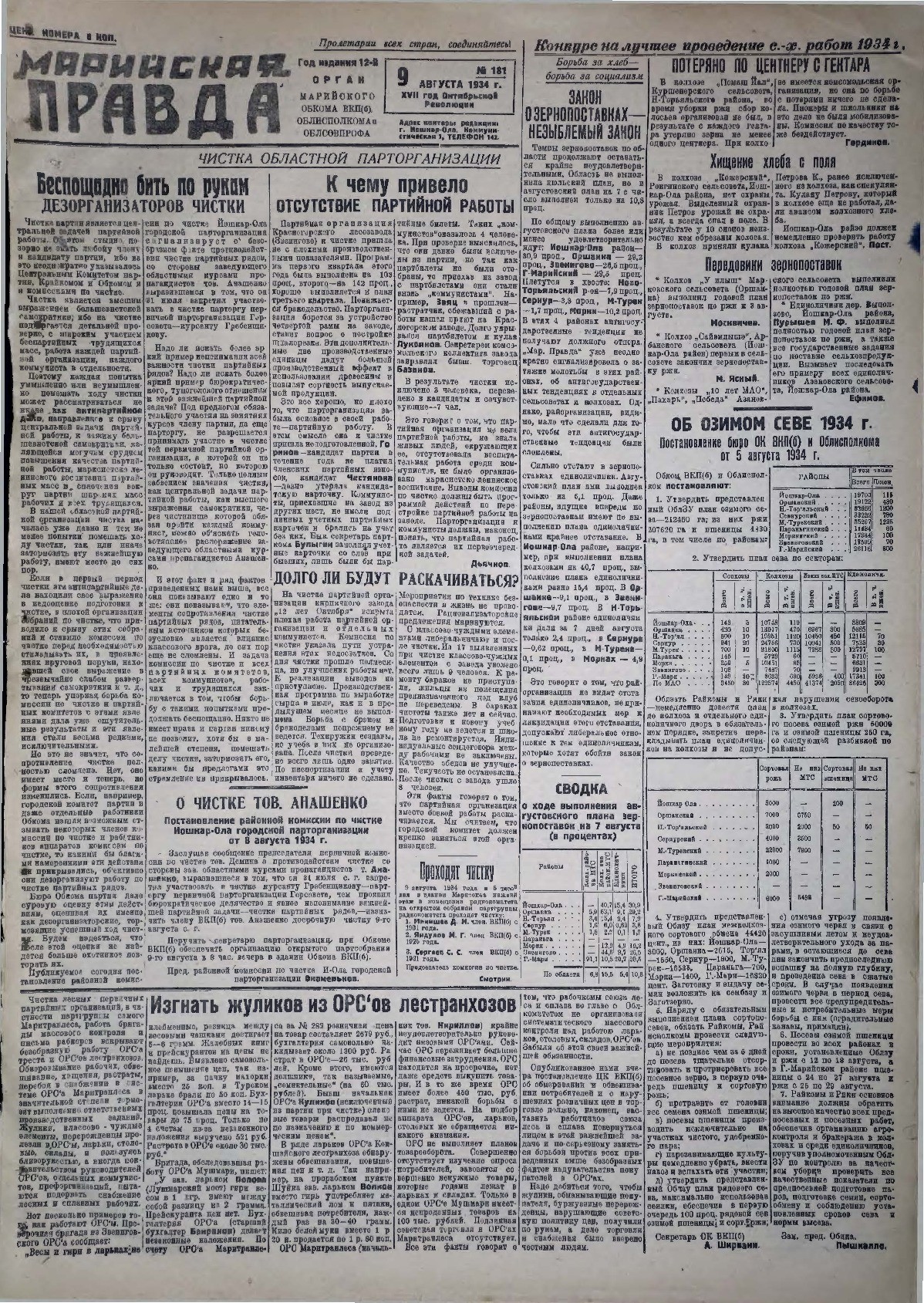Газета «Марийская правда» от 09.08.1934