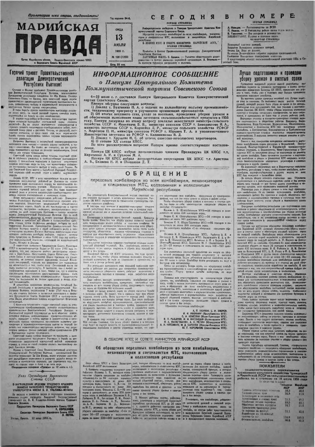 Газета «Марийская правда» от 13.07.1955