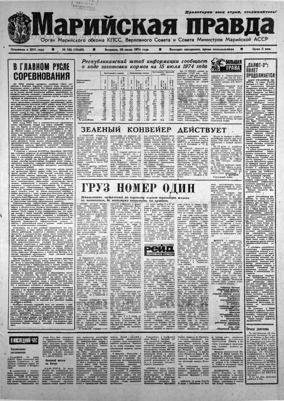 Газета «Марийская правда» от 16.07.1974