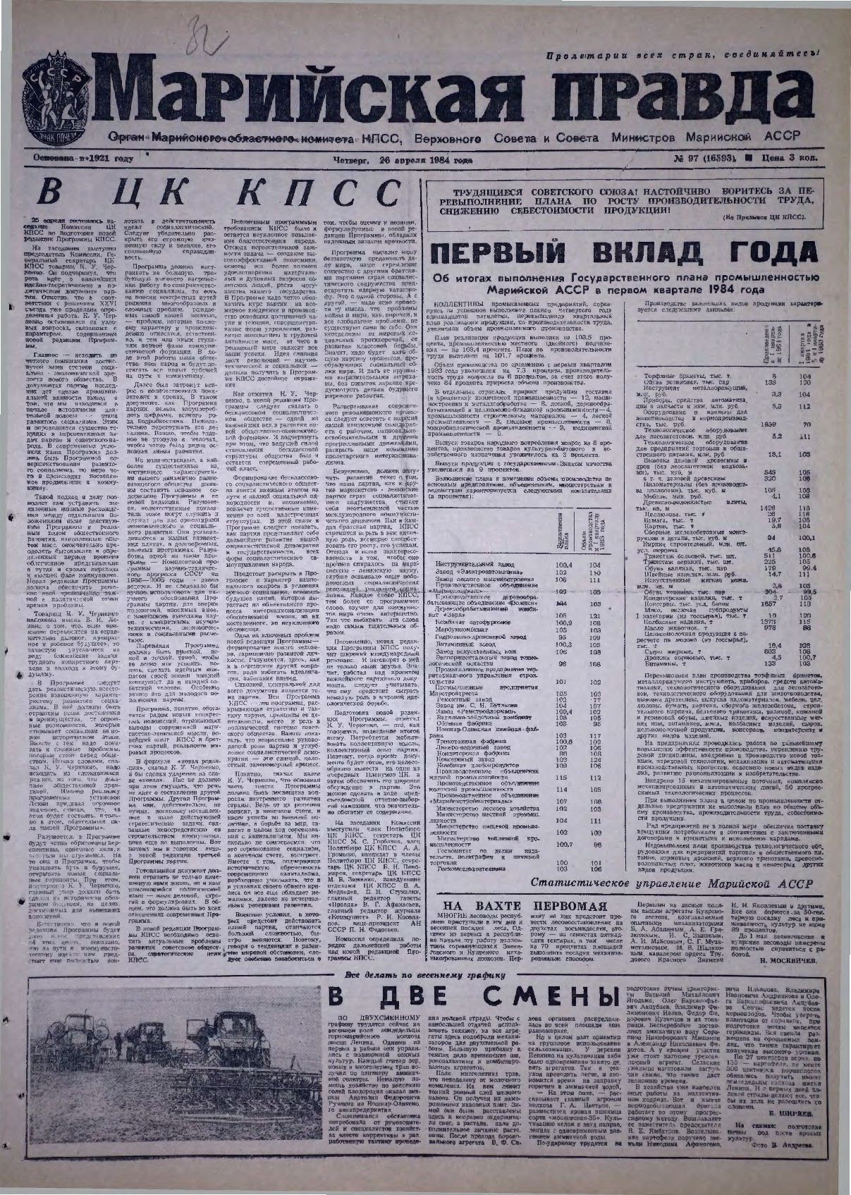 Газета «Марийская правда» от 26.04.1984