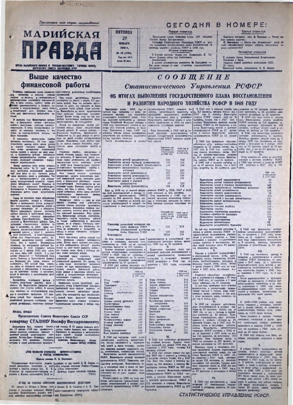 Газета «Марийская правда» от 28.01.1949