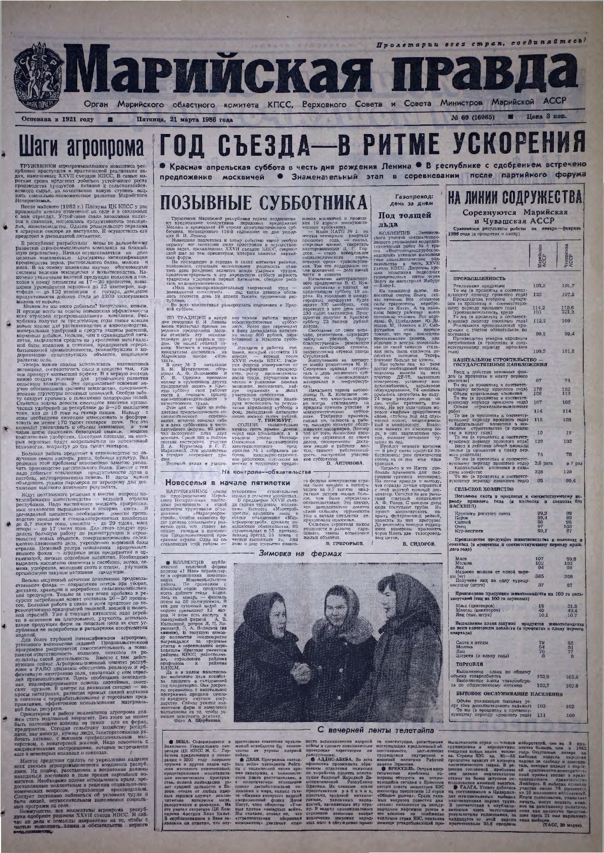 Газета «Марийская правда» от 21.03.1986