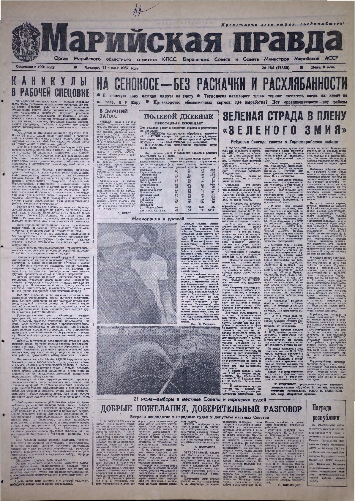 Газета «Марийская правда» от 11.06.1987