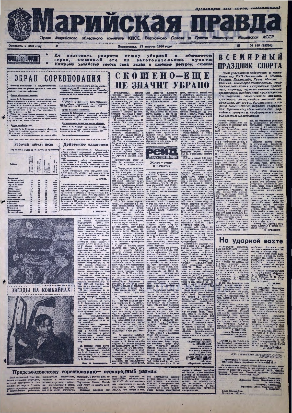 Газета «Марийская правда» от 17.08.1980