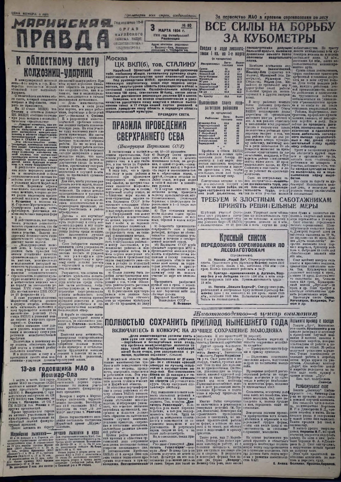 Газета «Марийская правда» от 03.03.1934