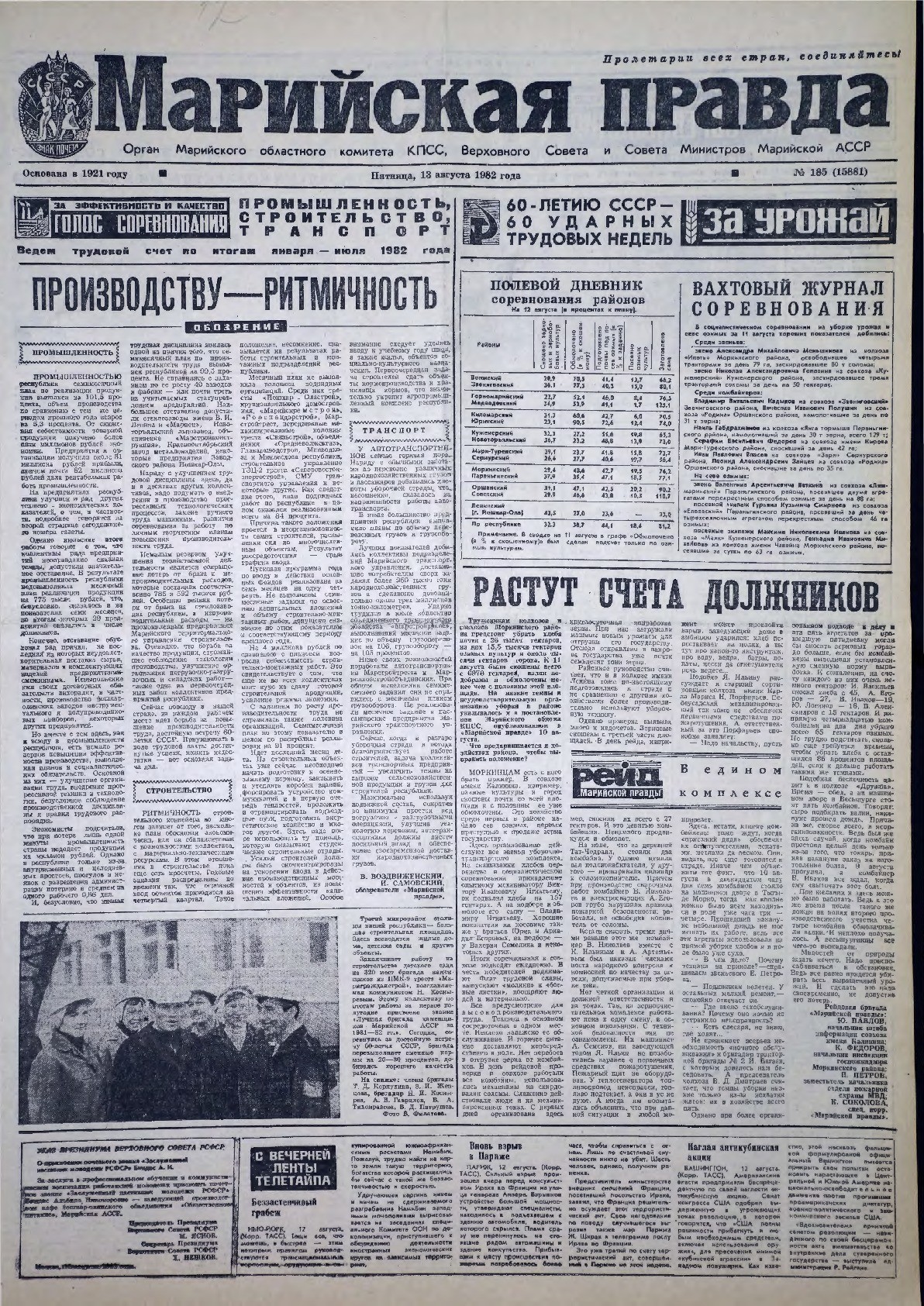 Газета «Марийская правда» от 13.08.1982