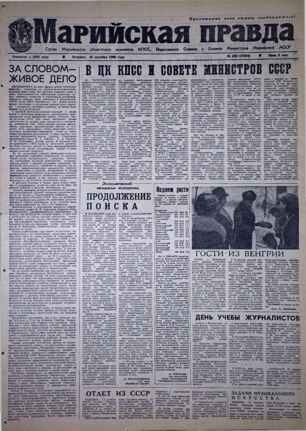 Газета «Марийская правда» от 16.12.1986